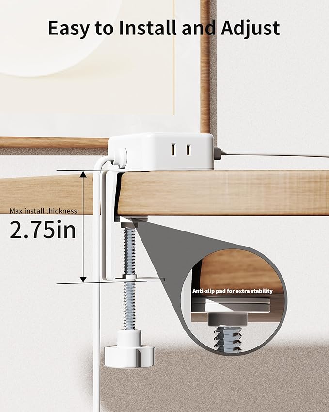 Desk Clamp Power Strip, Desktop Mount Charging Station with 4 Outlets 4 USB Ports (2 USB C), 10Ft Under Desk Power Strip, Fits 2.75" Tabletop Edge, Extension Cord for Home Office, White