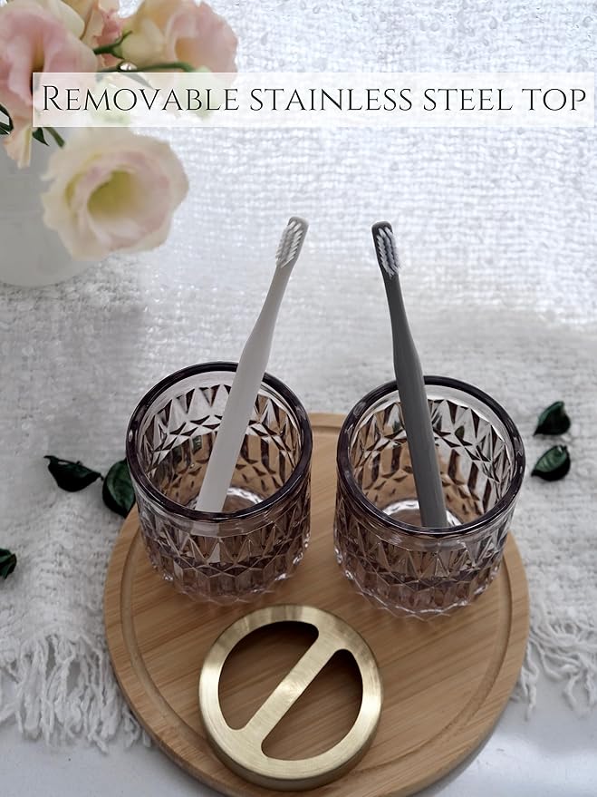 Gray Bathroom Accessories Set, 5Pcs Clear Glass Bathroom Set, Soap Dispenser, Soap Dish, Toothbrush Holder, Cotton Swab Jar, Black and Gold Accent for Crystal Vintage Bathroom Decor