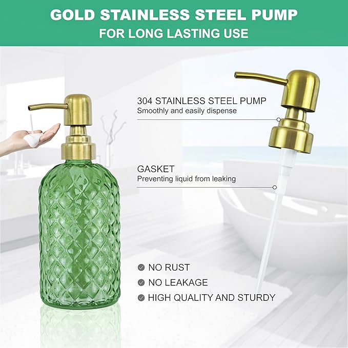 Glass Bathroom Accessories Set, 4Pcs Sage Green Bathroom Sets, Lotion Soap Dispenser, Toothbrush Holder, Soap Dish, Qtips Holder for Modern Bathroom Decor, Crystal Vintage Gift Set