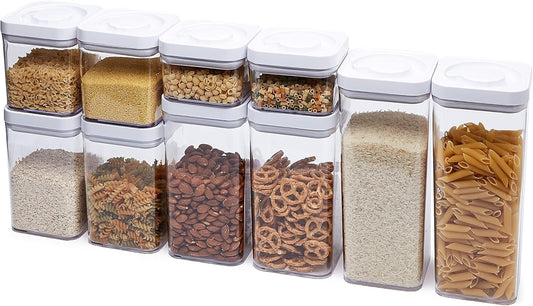 Amazon Basics Airtight Food Storage Containers, BPA Free, with Twist/Turn Lids, for Kitchen Pantry Organization, 10-Piece Square Set, Clear Plastic