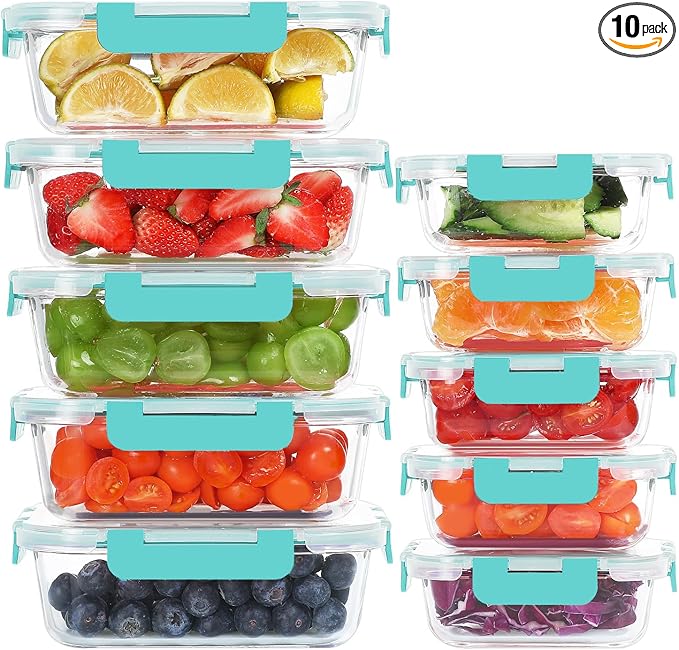 KOMUEE 10 Pack Glass Food Storage Containers, Meal Prep Containers with Lids, Airtight Glass Lunch Boxes, Freezer, Oven, and Microwave Safe, Green