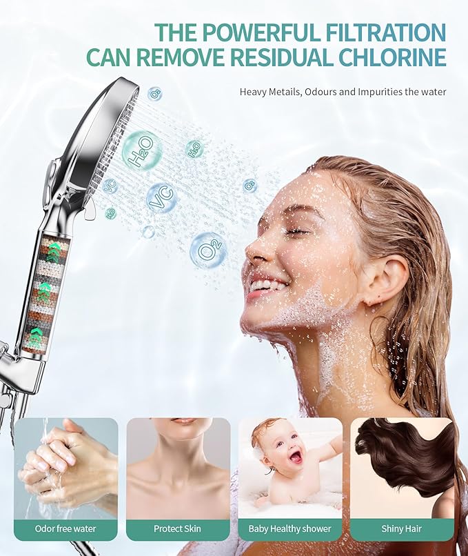 Filtered Shower Head with Handheld, High Pressure 9 Spray Mode Chrome Showerhead with 4 Filters, Detachable Shower Head, Water Softener Filters Beads for Hard Water - Remove Chlorine