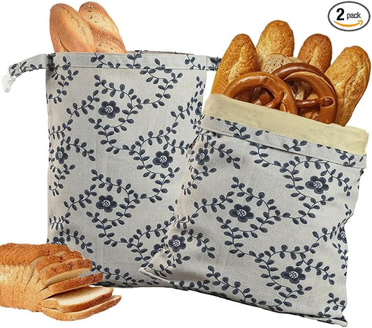 Reusable Bread Bags 2-Pack, Cotton Mesh Bags for Homemade Bread, Produce, Groceries, Freezer Storage, Washable & Durable Food Storage Pouches