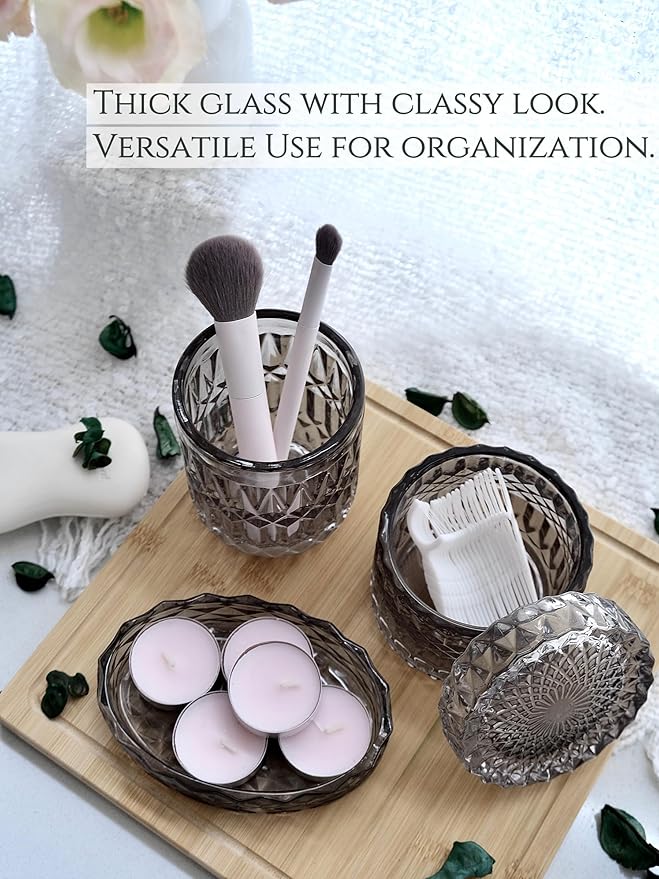 Gray Bathroom Accessories Set, 5Pcs Clear Glass Bathroom Set, Soap Dispenser, Soap Dish, Toothbrush Holder, Cotton Swab Jar, Black and Gold Accent for Crystal Vintage Bathroom Decor