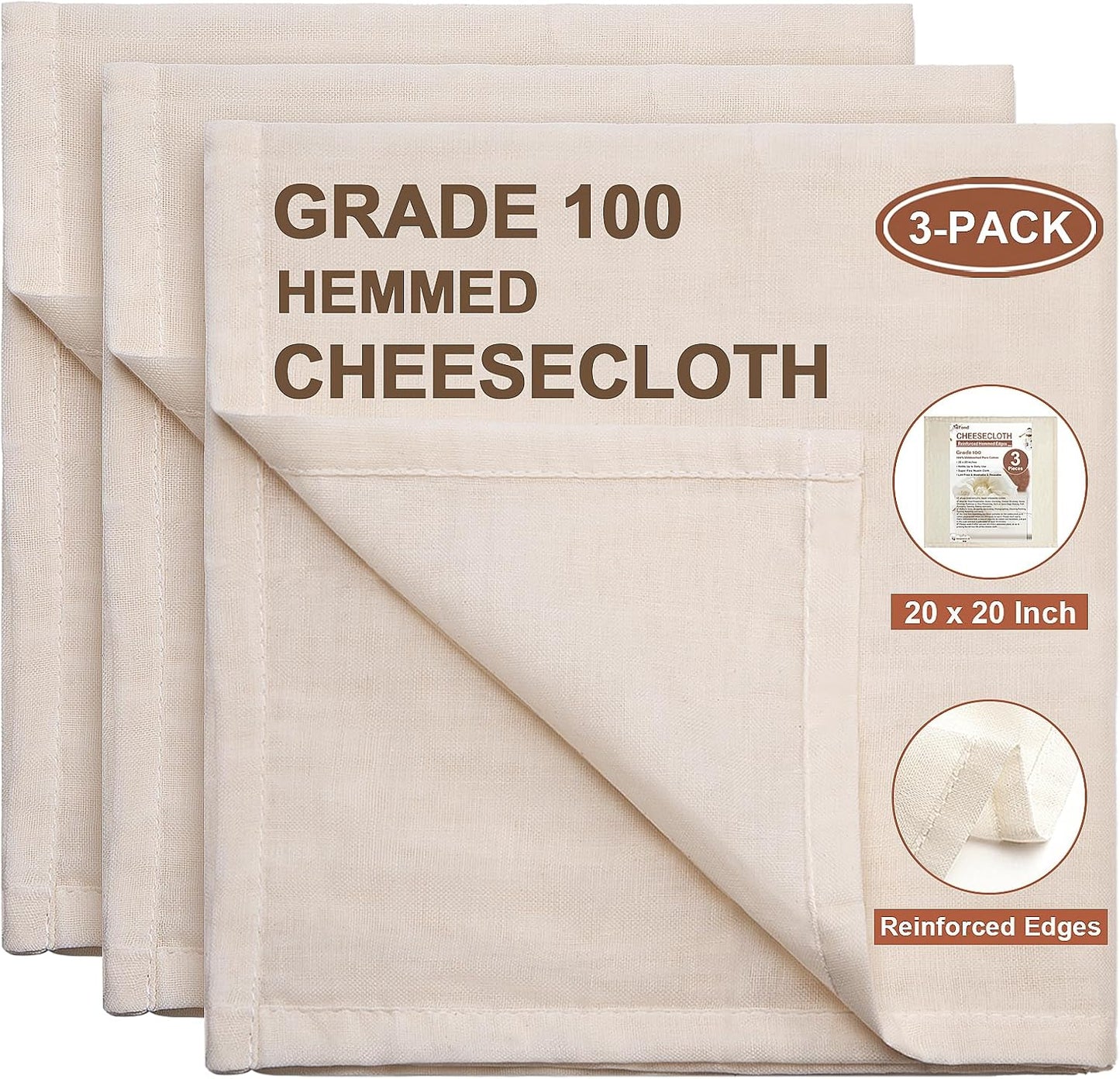 eFond Cheese Cloths | 3-Pack, 20x20Inch Squares with Hemmed Edges | Grade 100 Ultra Fine Reusable Cheesecloth for Straining | Unbleached Cotton Muslin Cloths | For Nut Milk, Butter, Baking & Cooking