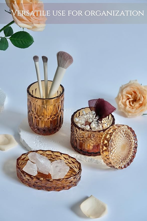 Amber Brown Bathroom Accessories Set, 5Pcs Clear Glass Bathroom Accessories, Hand Soap Dispenser, Soap Dish, Toothbrush Holder Set, Qtips Holder for Crystal Vintage Bathroom Decor, Gift Set