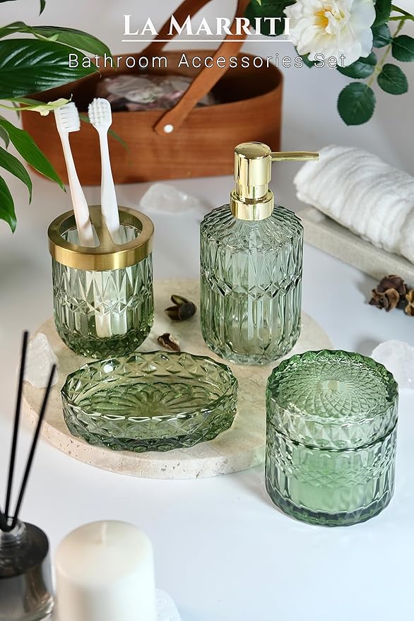 4pcs Green Bathroom Accessories Set, Crystal Glass Bathroom Accessories, Lotion Soap Dispenser, Toothbrush Holder, Soap Dish, Qtips Holder Set for Vintage Bathroom Countertop Decor