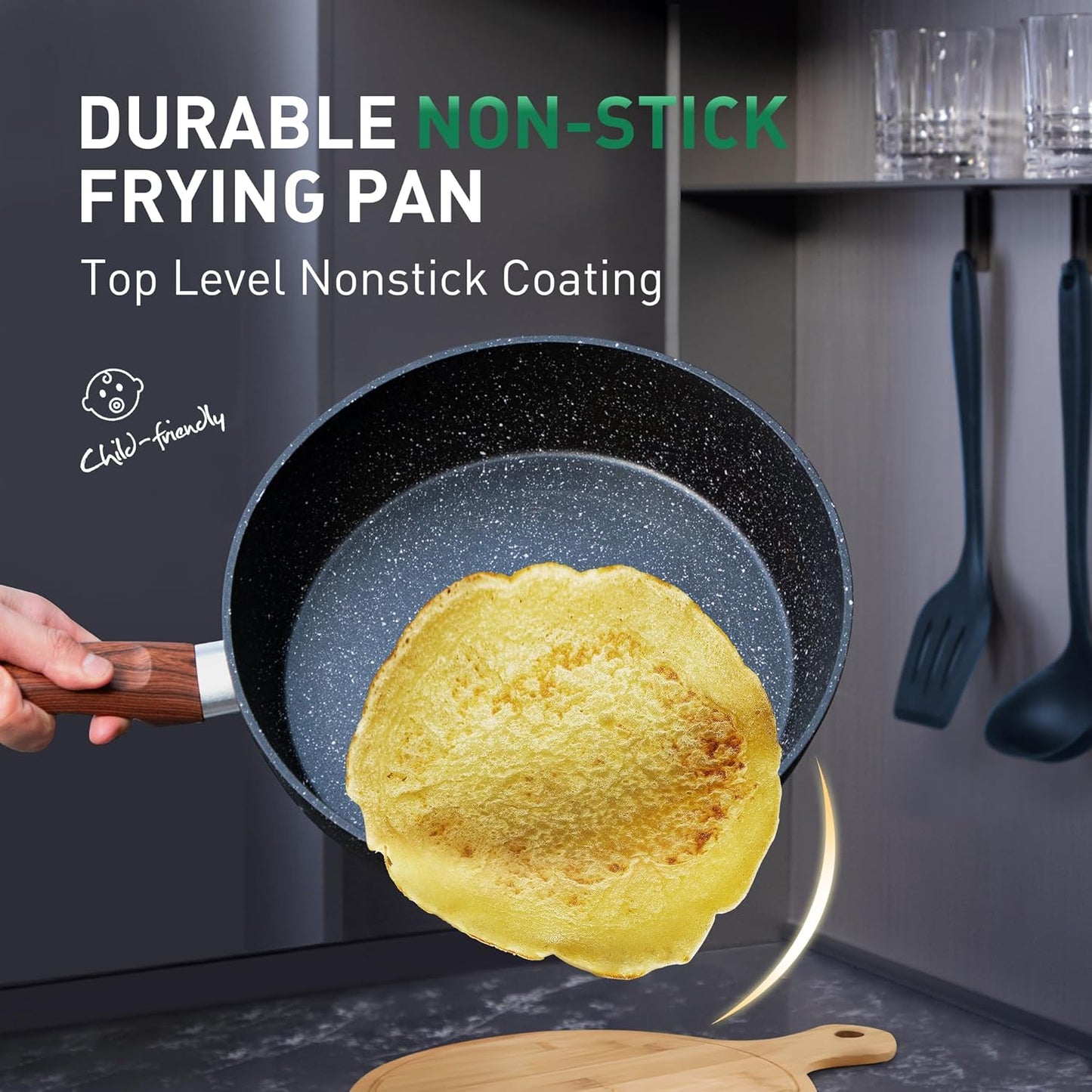 Kitchen Academy Pots and Pans Set Non Stick - 12 Piece Induction Kitchen Cookware Sets, Blue Granite Nonstick Cooking Pans Set