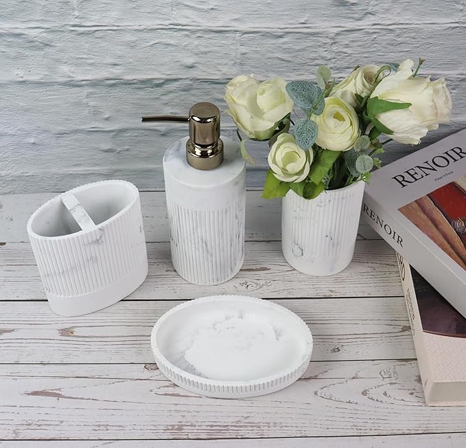 Hymmah Marble Bathroom Accessories Set,Farmhouse Bathroom Decor,4 Pcs Resin Gift Set Apartment Necessities, Contain Cotton Swab Jar,Soap Dispenser,Tumbler，Soap Dish/Tray
