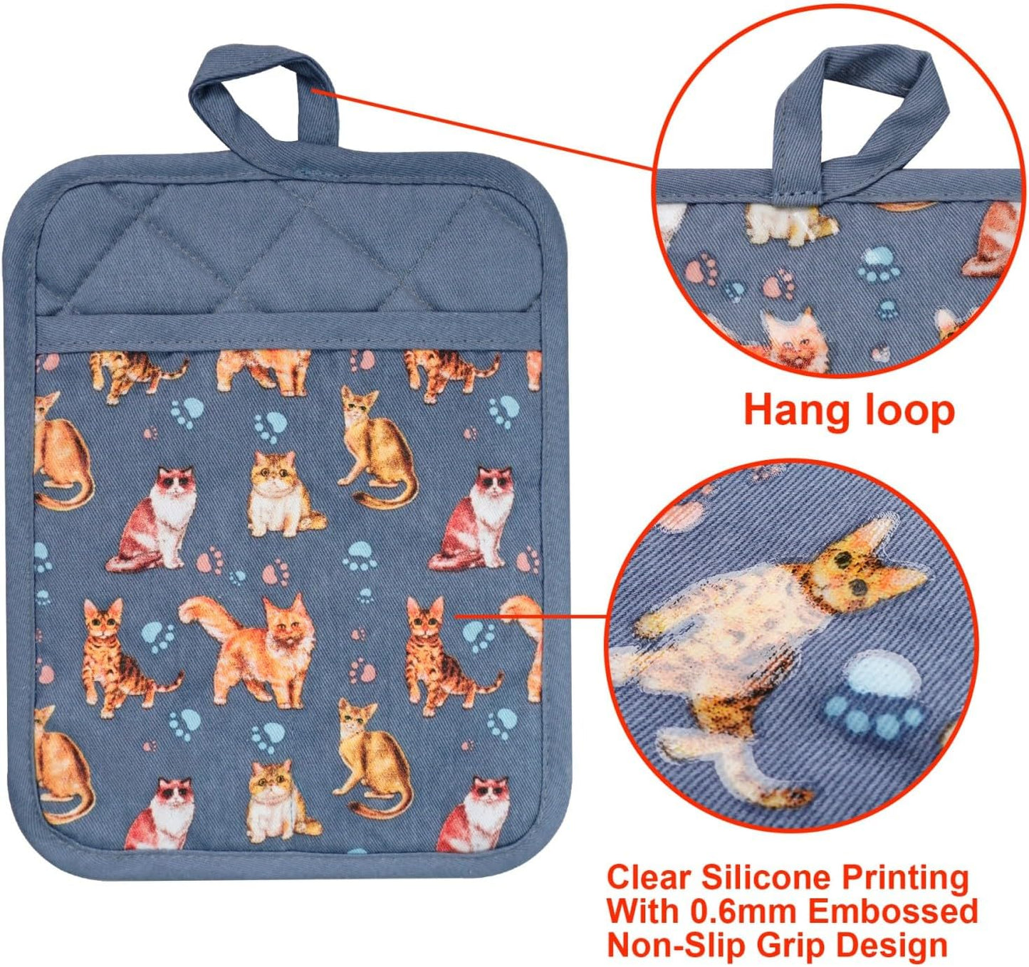 Pot Holders Set of 2 Heat Resistant 480 ℉Non Slip Clear Silicone Printed Comfortable Cotton Lining Kitchen Women Men Cooking Baking Microwave Machine Washable (Cat, Blue potholders)