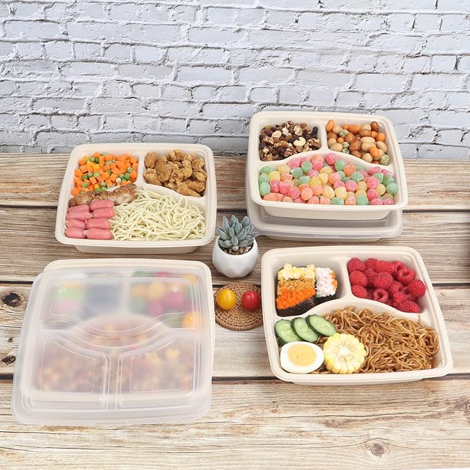 40 oz 3 compartments Square Disposable bowls with lids,Sugarcane Fibers Bowls take away food containers Plant Fibers Freezer Safe 25 Pack
