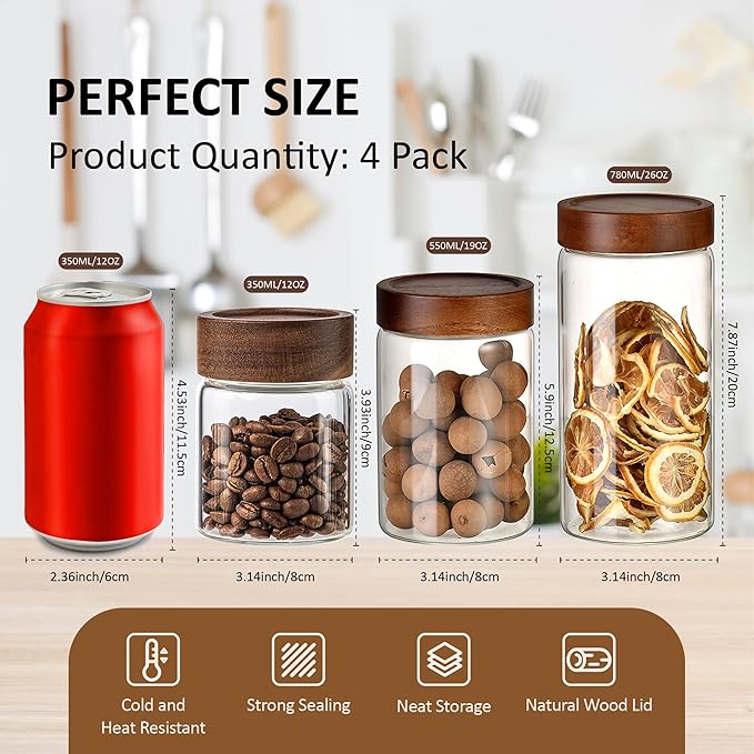 26 oz/850 ml Clear Glass Storage Canister with Airtight Wooden Lid, 4 Pack Small Overnight Oats Containers, Cute Decorative Salad Jar for Snacks Yogurt Spice Sugar Cereal Fruit Coffee Tea