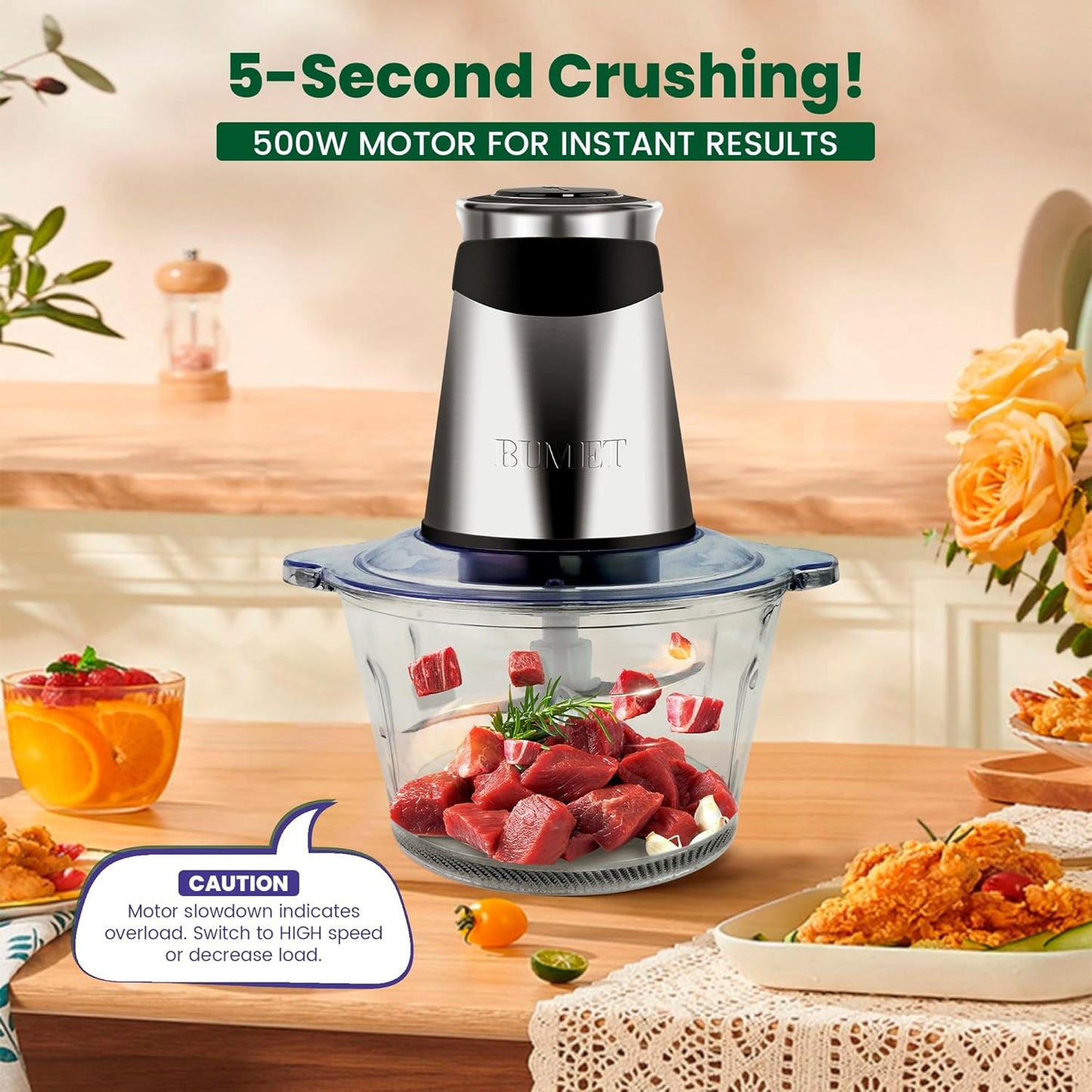 Electric food processor vegetable chopper 500W 2x8cup bowls 2 bi-layer 4 blades Small Food chopper Electric Meat grinder for home use,Mincing, and Puree for kitchen aid, baby foot, pet food by BUMET