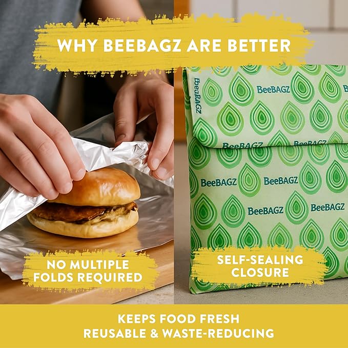 Beeswax Wrap Storage Bag, Reusable Food Storage Bags, Pack of 6, Plastic Free Biodegradable Food Wrap Alternative, Family Pack, 3 Small + 2 Medium + 1 Large, (Green)