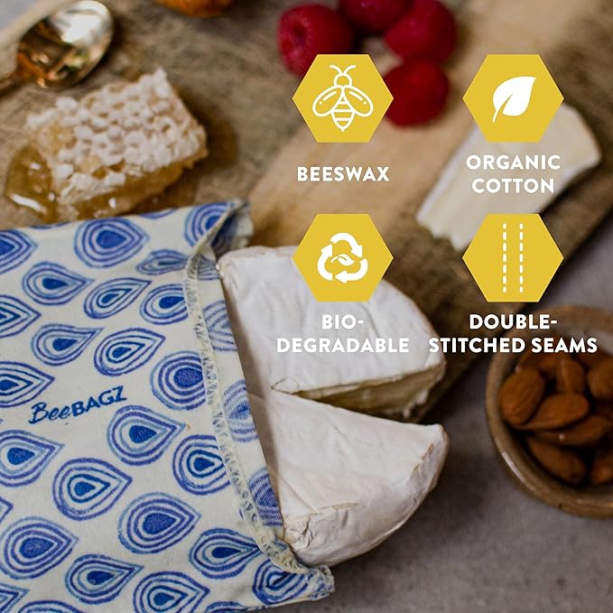 Beeswax Wrap Storage Bag, Reusable Food Storage Bags, Pack of 6, Plastic Free Biodegradable Food Wrap Alternative, Family Pack, 3 Small + 2 Medium + 1 Large, (Blue)