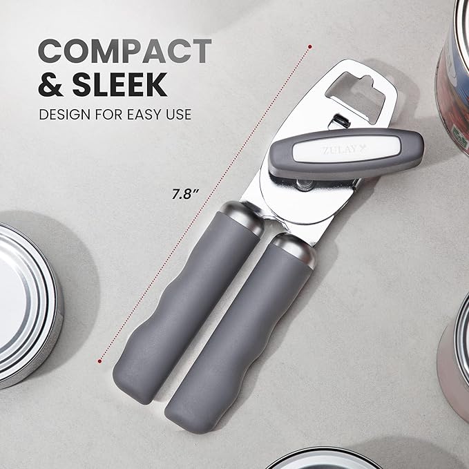 Zulay Kitchen Heavy Duty Stainless Steel Can Opener Manual with Bottle Opener - Rust Proof Manual Can Opener With Turn Knob & Soft Grip Handles