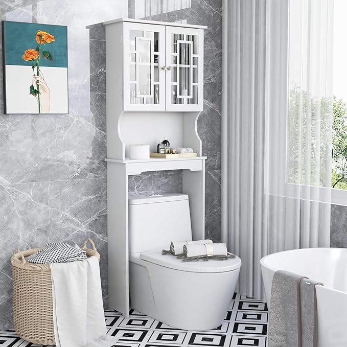 COSTWAY Over The Toilet Storage Cabinet, Bathroom Shelf Over Toilet, Double Door Bathroom Storage Cabinet Organizer with Adjustable Shelf, Open Shelf (White)
