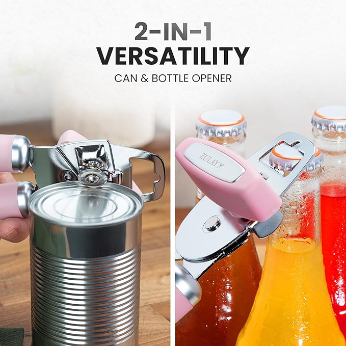 Zulay Kitchen Heavy Duty Stainless Steel Can Opener Manual with Bottle Opener - Rust Proof Manual Can Opener With Turn Knob & Soft Grip Handles