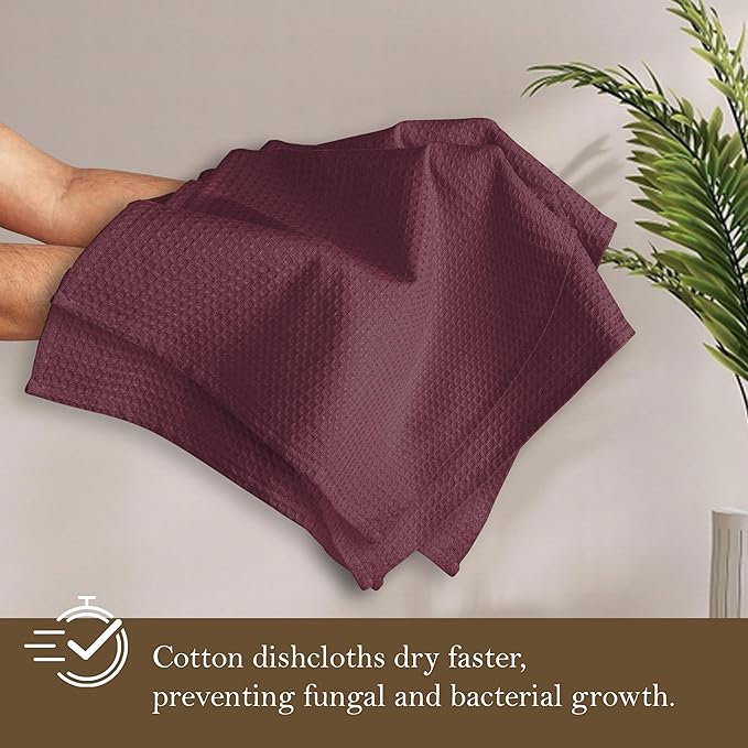 Burgundy Wine Waffle Dishcloths, 12"x12", Soft, Absorbent, and Durable, 100% Cotton, Reusable, Quick Drying, Ideal for Drying Dishes, Cleaning, Multipurpose Use, 12 Pack