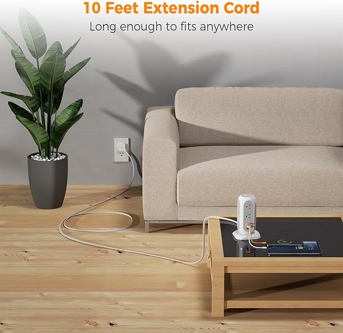 Surge Protector Power Strip Tower 10 Ft, TESSAN Flat Plug Extension Cord with 11 AC Outlets 3 USB Ports (1 USB C), 1050J Protection Charging Station for Home, Office Supplies, Dorm Room Essentials