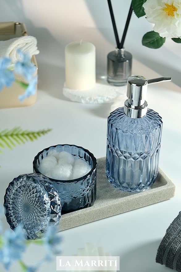 Blue Bathroom Accessories Set, 4Pcs Clear Glass Bathroom Accessories, Lotion Soap Dispenser Set, Toothbrush Holder, Qtips Holder, Soap Dish for Crystal Modern Bath Decor, Vintage Gift Set