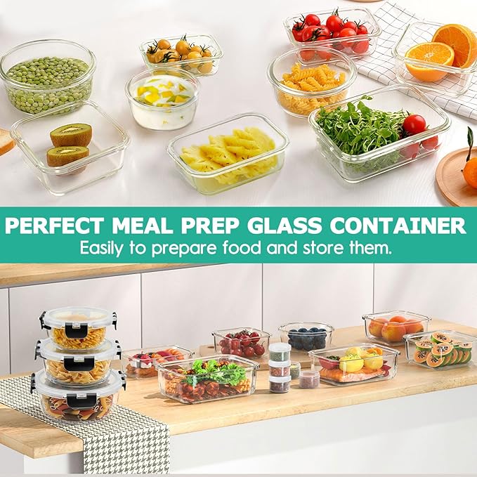 34pcs Glass Food Storage Containers with Lids Set, Airtight Glass Meal Prep Containers (17 Containers & 17 Lids), Leak Proof Lunch Containers BPA-Free, Microwave, Oven, Freezer, Dishwasher Safe