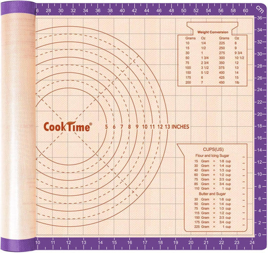 Silicone Pastry Baking Mat Non Stick-Large Rolling Dough with Measurements-Non Slip Pizza,Fondant,Pie,Cake Baking Mat - 26 x 16 Inch By Cook Time(Purple)