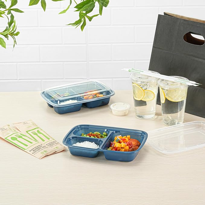 Restaurantware Asporto 26 Ounce Compartment Take Out Boxes, 100 Microwavable Meal Prep Containers - 3 Compartments, With Clear Plastic Lids, Midnight Blue Plastic Food Containers, Do Not Contain BPA
