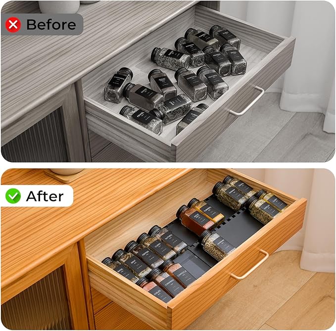 Spice Drawer Organizer, 5 Tier- 5 Pack Drawer Seasoning Organizer Expandable from 13" to 24.4", Spice Rack for Kitchen Drawers, Spice Organization Insert Tray for Drawer (Jars not included)