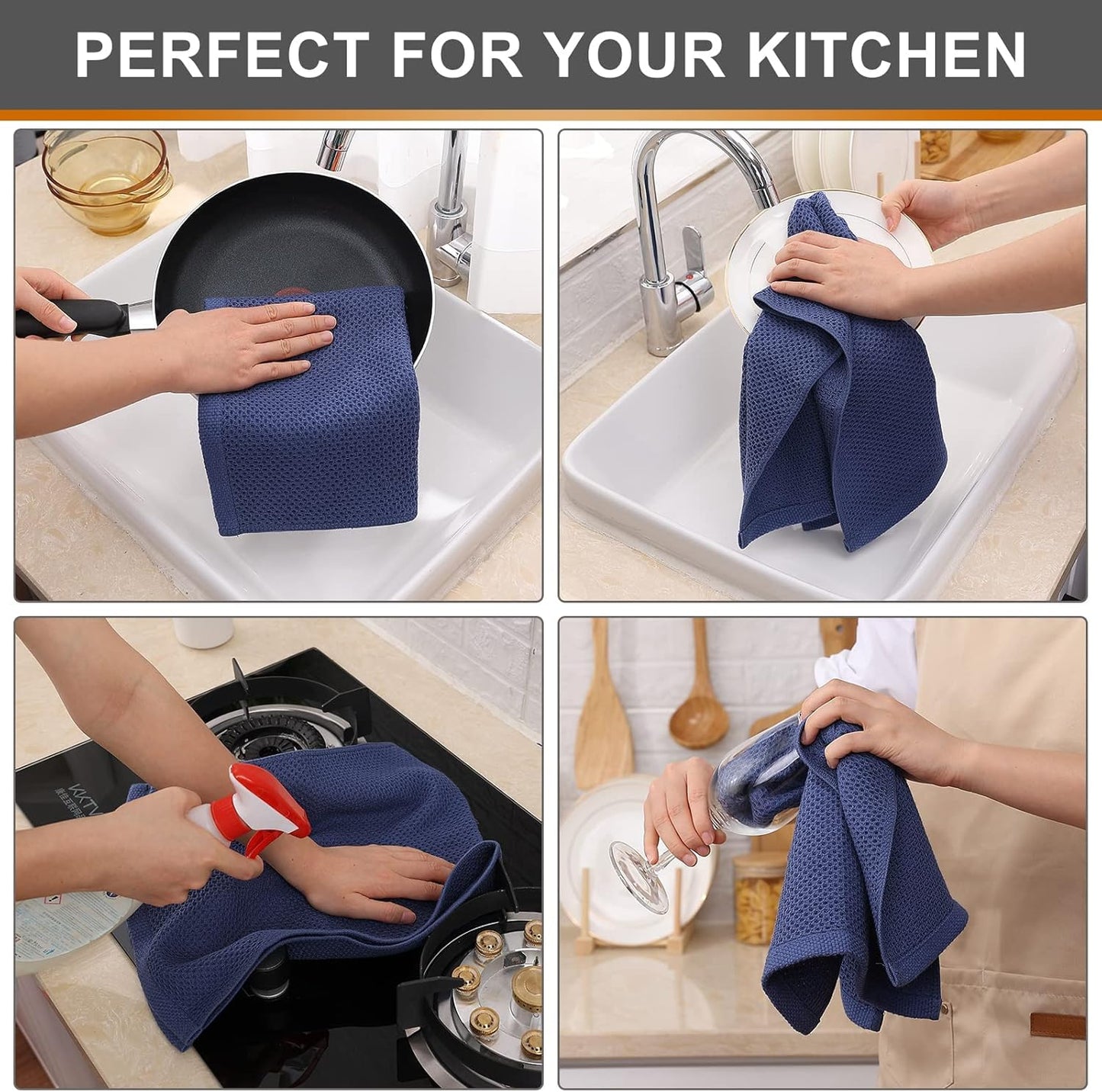Kitinjoy 100% Cotton Waffle Weave Kitchen Towels, 6-Pack Super Soft and Absorbent Dish Towels for Drying Dishes, Kitchen Hand Towels, 13 in x 28 in, Navy Blue