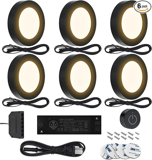 VST Under Cabinet Lighting 12V 2W (12W Total, 60W Equivalent), Wireless Dimmer Switch, Recessed or Surface Mount Wiried Puck Light for Kitchen, Wardrobe (6 Pack Black 3000K)
