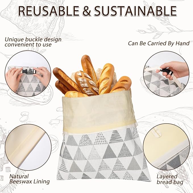 LURKA Beeswax Bread Bags, Reusable Cotton Linen Storage Bags for Sourdough, Extra Large, 2 Pack (A Style)