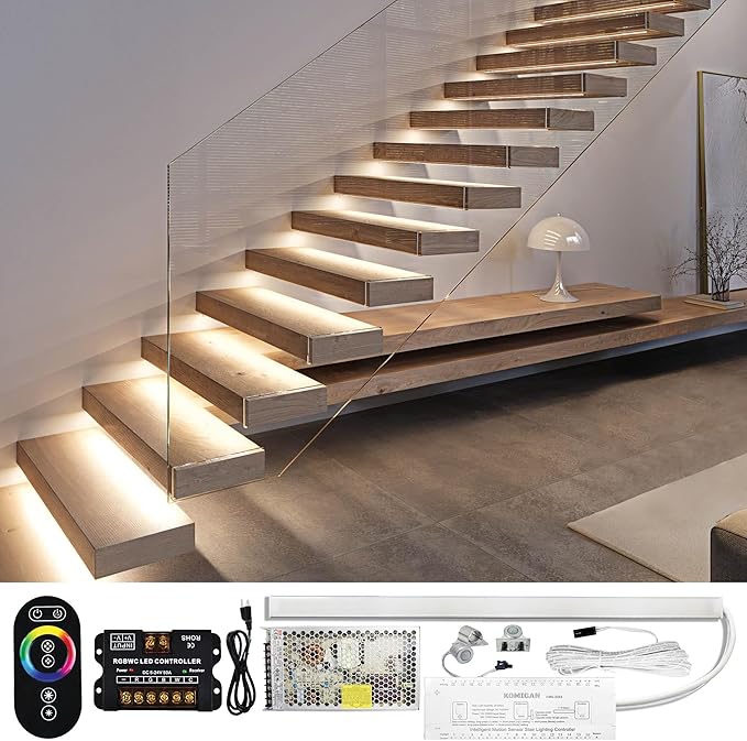 PARMIDA Intelligent Motion Sensor LED Indoor Stair Lighting Kit, RGB & 5CCT Color Selectable, 24" Aluminum Light Bars, Staircase Cascading Style, Remote Control, Dimmable, UL Driver, 100W - 10 Steps