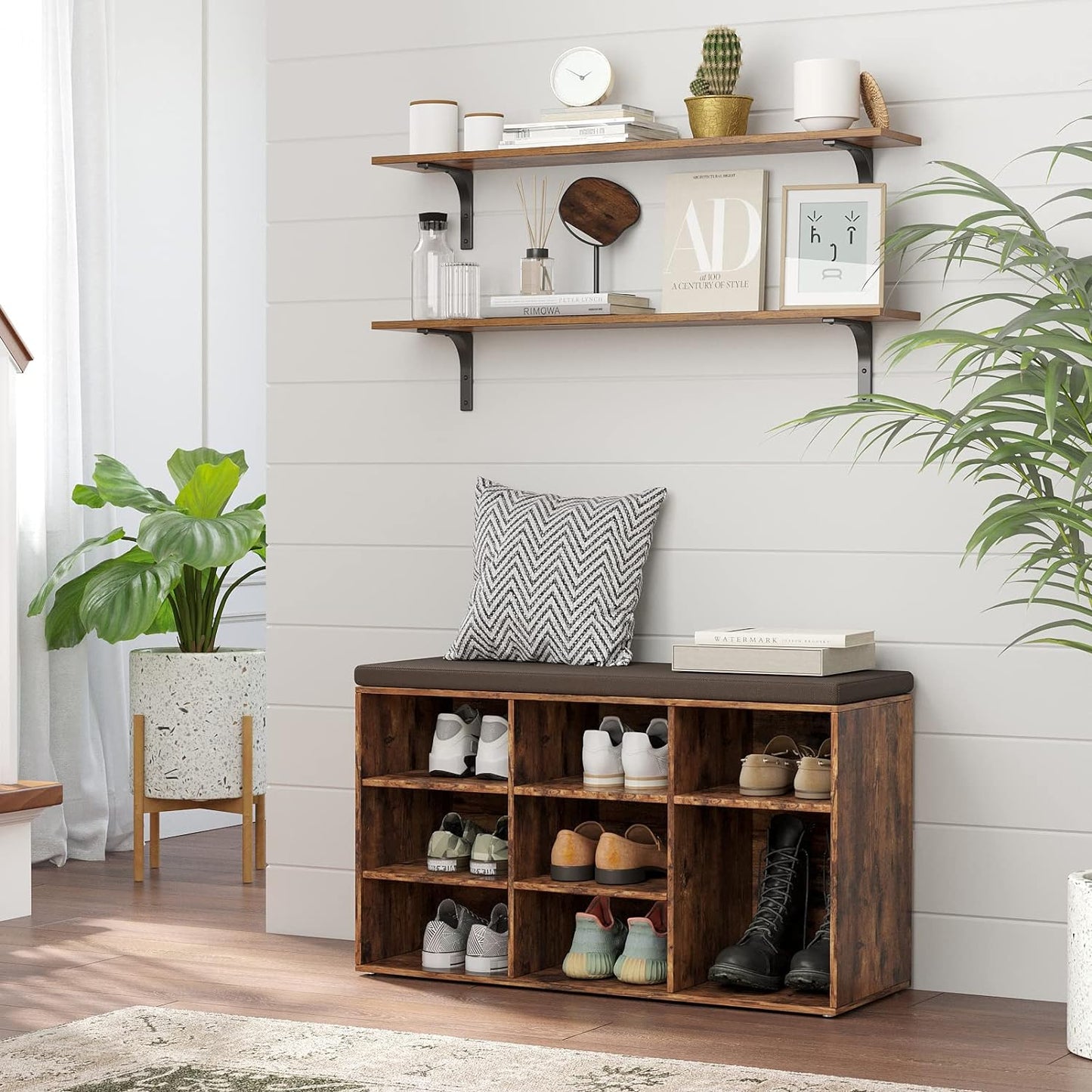 DINZI LVJ Long Wall Shelves, 39.4Inch Wall Mounted Shelves Set of 4, Extra Large Floating Storage Ledges with Sturdy Metal Brackets for Living Room, Bathroom, Bedroom, Kitchen, Rustic Brown