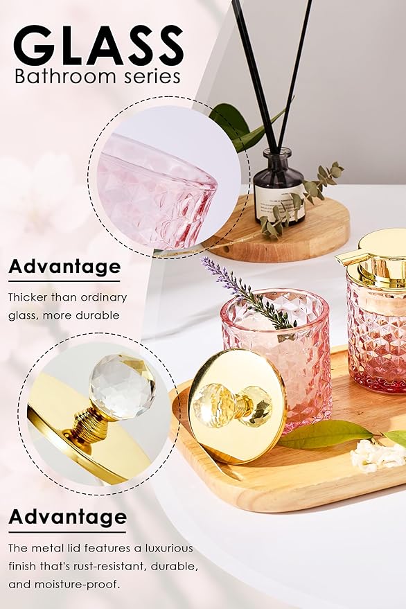Pink Bathroom Accessories, 4Pcs Pink Bathroom Accessory Set Complete, Toothbrush Holder Set, Soap Dispenser, Qtip Holder, Tumbler, Perfect for Bathroom Decor and Vanit
