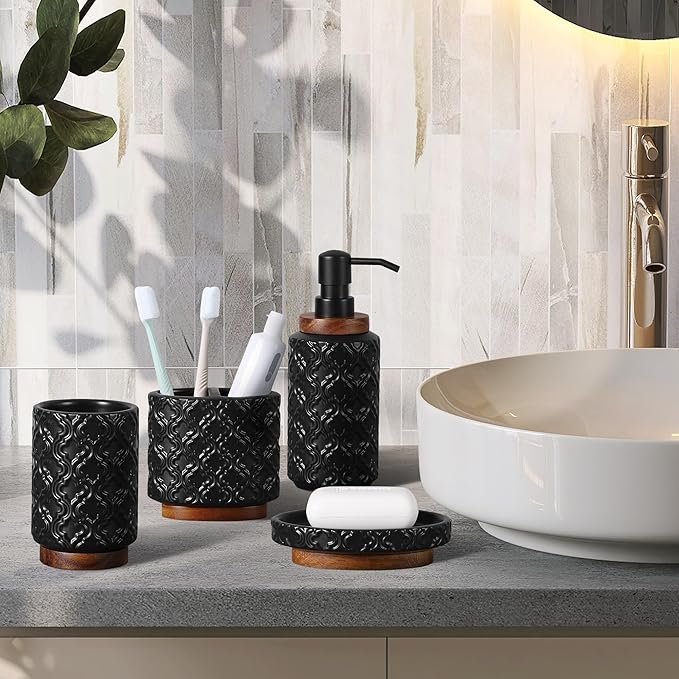 Bathroom Accessories Set 4 Pcs Toothbrush Holder Soap Dispenser Ceramic and Wood Bathroom Decor Set with Toothbrush Cup Soap Dish Tumbler Black