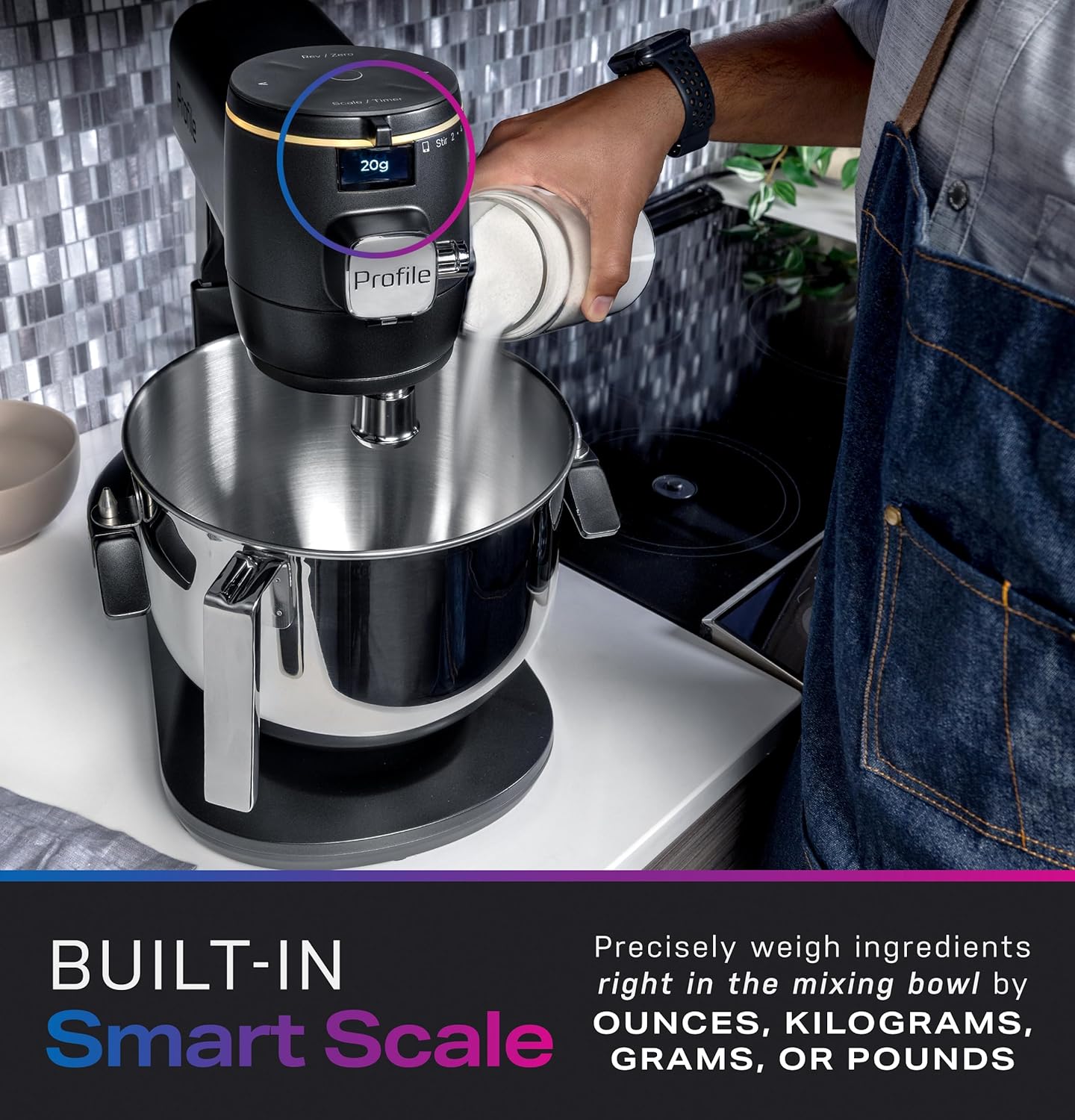GE Profile Smart Stand Mixer w/Built-In Smart Scale & Auto Sense Technology, 7qt Stainless Steel Bowl, 11 Speed l Dough Hook, Beater, 11-wire whip l works w/Amazon Alexa & Google Home l Mineral Silver