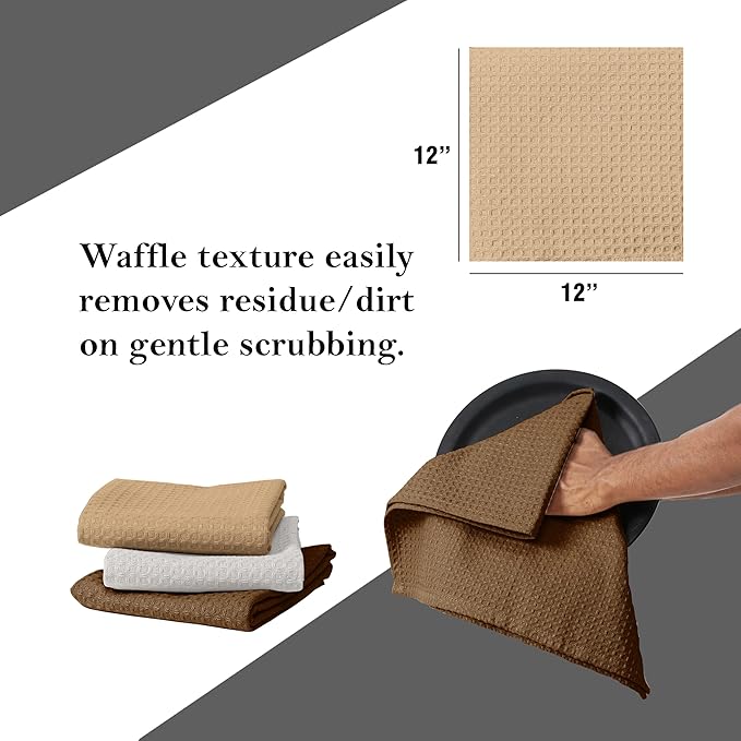 Waffle Dishcloths, 12x12 Inch, Absorbent, Soft, Durable, 100%, Quick Drying, Reusable, Ideal for Kitchen Cleaning, Cotton Hand Towels, Set of 12, Brown, Beige, White