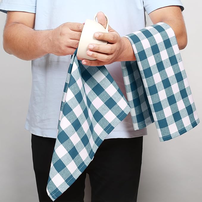 Teal Gingham Kitchen Towels, 18x26 Inches, Soft, Durable, Absorbent, Quick Drying, Washable, 100% Cotton, Checked Towels for Drying Dishes, Drying Hands, and Cleaning