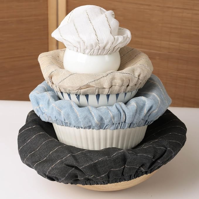 100% Linen Stripe Bowl Covers Reusable For Bread Proofing, 4 Pcs Elastic Cloth Fabric Bowl Covers, 5.9 * 7.9 * 9.8 * 11.8 Inches, Black