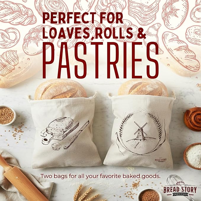 Linen Bread Bag – Reusable Linen Bags for Homemade Bread & Sourdough | Cloth Bags for Sourdough, Artisan Loaves, & Pastries | Unbleached Natural Fabric with Drawstring Closure, 2-Pack, 11 x 15"