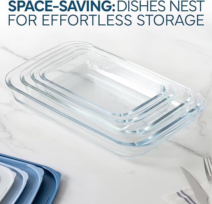 COOK WITH COLOR 8-Piece Deep Glass Baking Dish Set with Plastic Lids – Casserole and Food Storage Containers for Lasagna, Leftovers – Freezer-to-Oven, Microwave & Dishwasher Safe, Blue