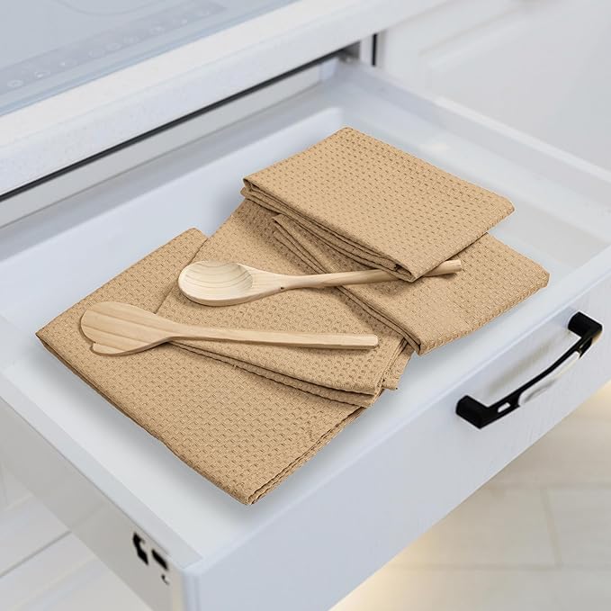 Beige Waffle Kitchen Towels, 16x26 Inches, Soft, Durable, 100% Cotton, Quick Drying, Reusable, Absorbent, Machine Washable, Multipurpose Towels, Everyday Use, Set of 4