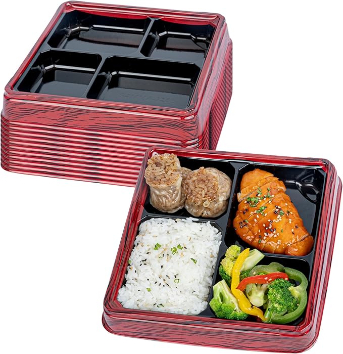 Restaurantware-Bento Tek 17.9 Ounce Meal Prep Containers, 100 Disposable To Go Food Boxes - Lids Sold Separately, 4 Compartments, Red And Black Plastic Bento Lunch Boxes, Freezable, For Take Out