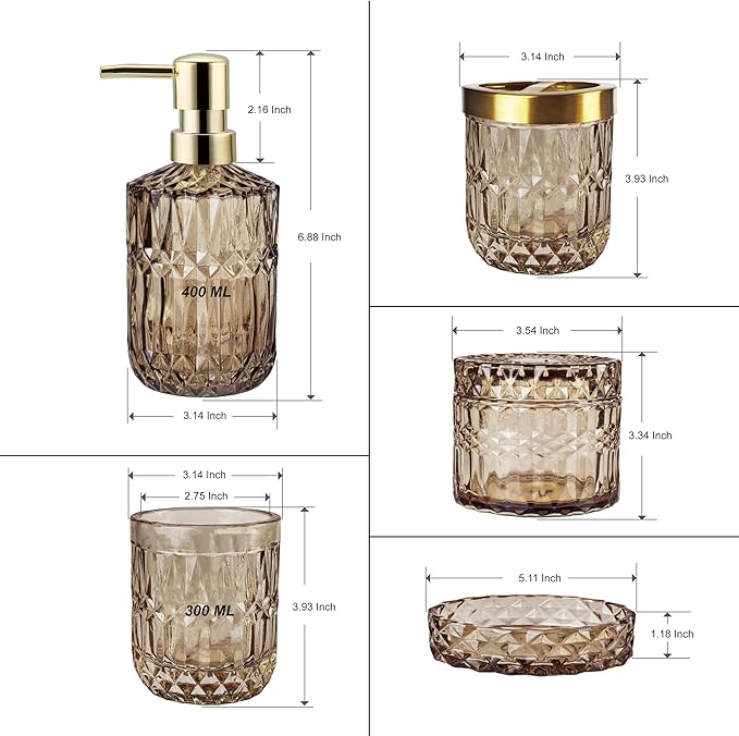 Brown Bathroom Accessories Set, 5Pcs Clear Glass Bathroom Accessories, Lotion Soap Dispenser, Toothbrush Holder Set, Soap Dish, Qtip Holder, Tumbler, Vintage Bathroom Set, Vanity Organizer