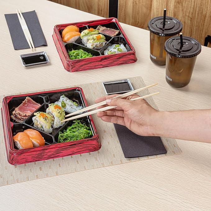 Restaurantware Bento Tek 18.6 Ounce Meal Prep Containers, 50 Disposable To Go Food Boxes - Lids Sold Separately, 5 Compartments, Red And Black Plastic Bento Lunch Boxes, Freezable, For Take Out