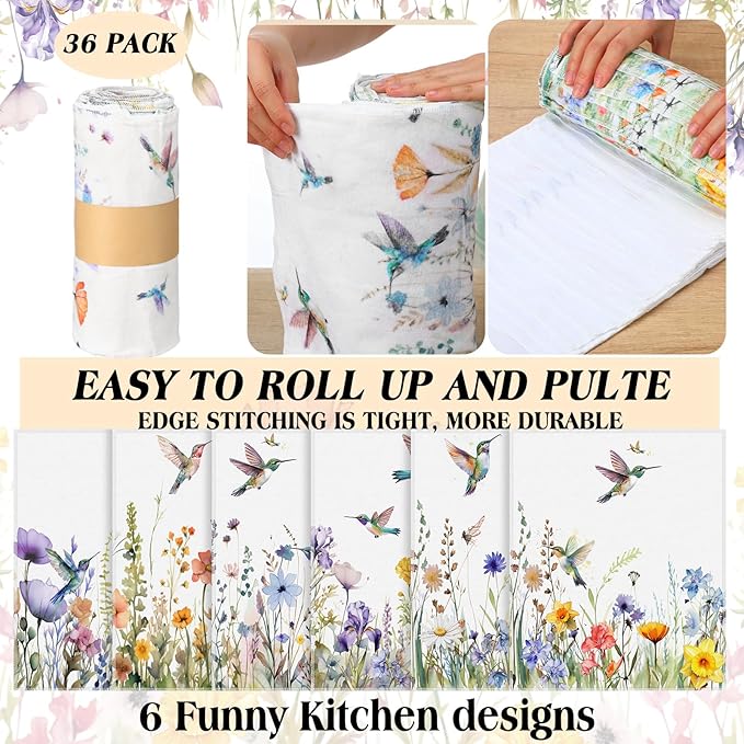 36 Count Reusable Cleaning Cloths Washable Cotton Kitchen Towels for Home (Hummingbird Flowers,Multicolor)