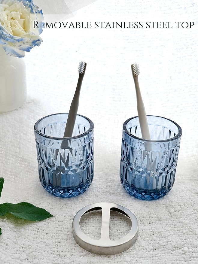 Blue Bathroom Accessories Set, 5Pcs Clear Glass Bathroom Accessories, Hand Soap Dispenser, Soap Dish, Toothbrush Holder Set, Qtips Holder for Crystal Vantage Bath Countertop Decor, Gift Set