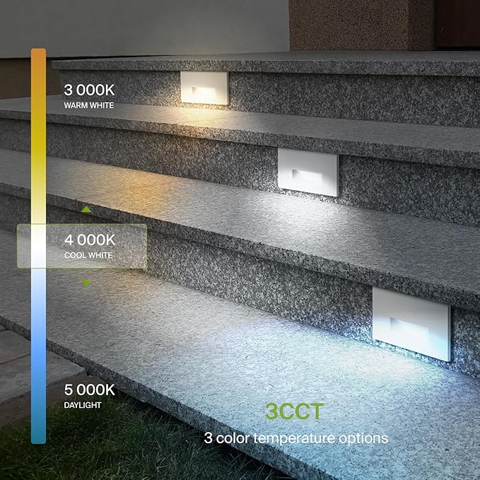 ASD LED Recessed Step Light Fixture, Dusk To Dawn Outdoor Stair Tread Lighting | 3CCT, Photocell, Waterproof, ETL Listed | 3W 120LM 3000K-5000K 120V | Staircase Hardwired Illumination | White, 12 Pack