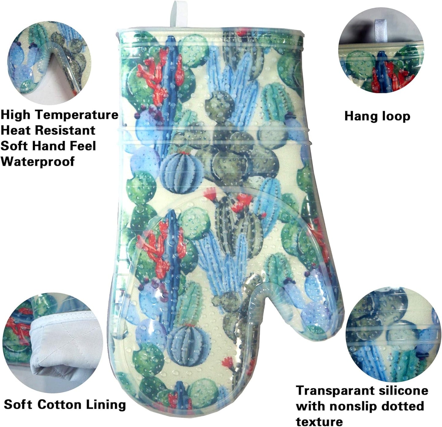 Oven Mitts Set of 2 with Transparent Clear Silicone Shell and Nice Fruit Flower Cotton Lining, Heat Resistant to 500 F Kitchen Oven Gloves Pot Holder for Cooking (Fruit Flower, Oven Mitts)